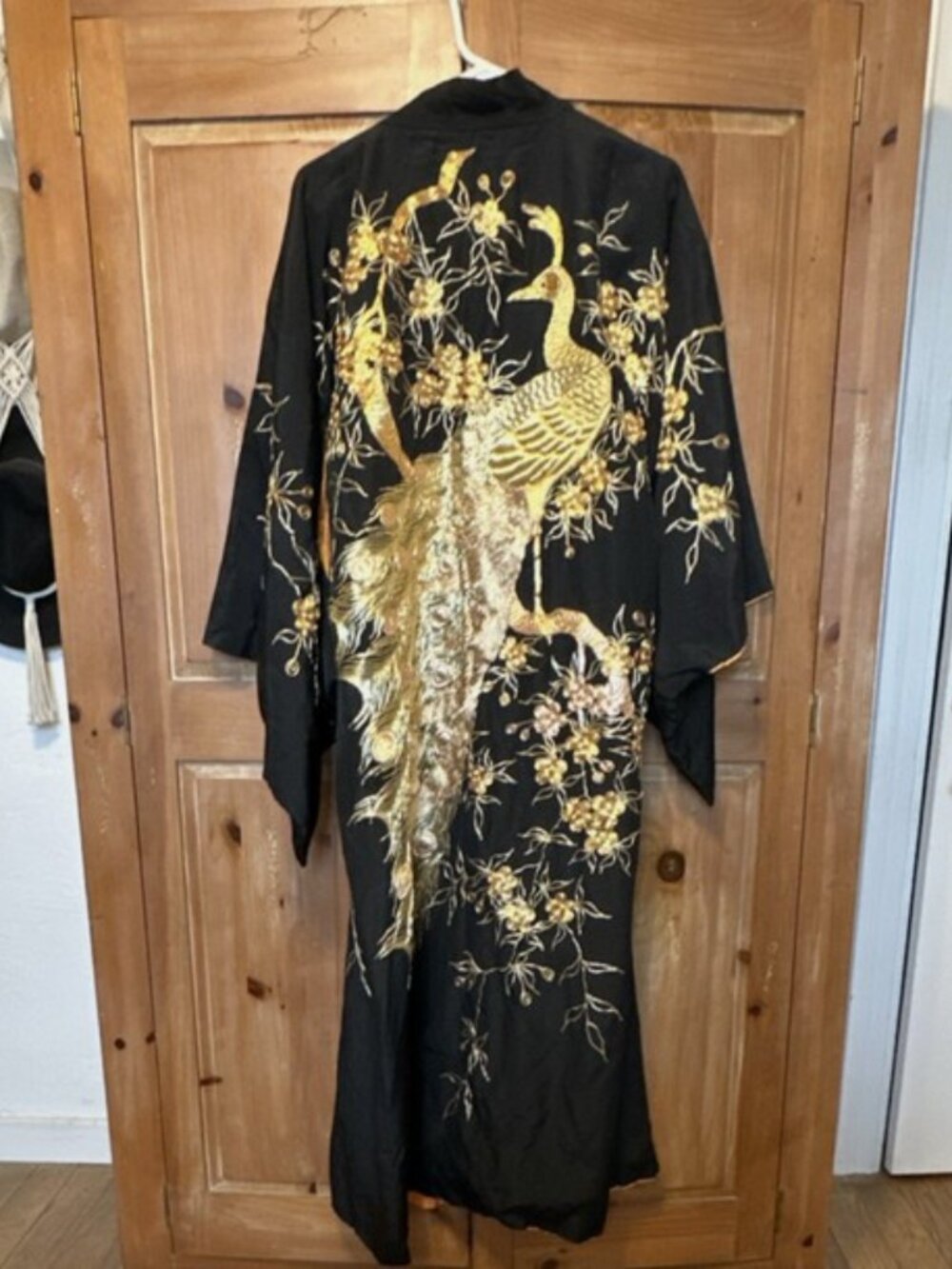 GORGEOUS! Custom made Black & Gold Embroidered Peacock Kimono with Orange Lining